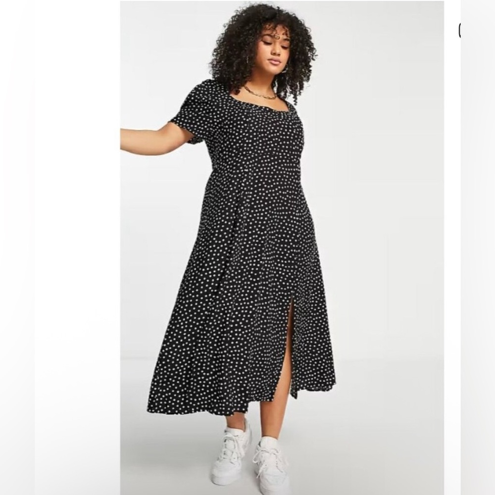 Asos Design Curve Cupped Maxi Dress Womens 18 Black White Polka Dot Slits Casual